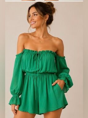 Toby Heart Ginger Melo Night Romper NWT Green Off Shoulder Long Sleeve Romper S